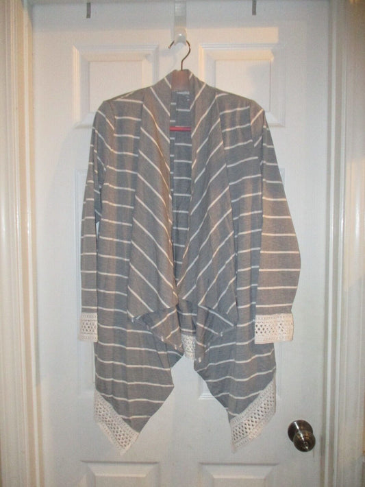 Tickled Teal Grey with White Stripes and Lace Asymmetrical Cardigan Medium