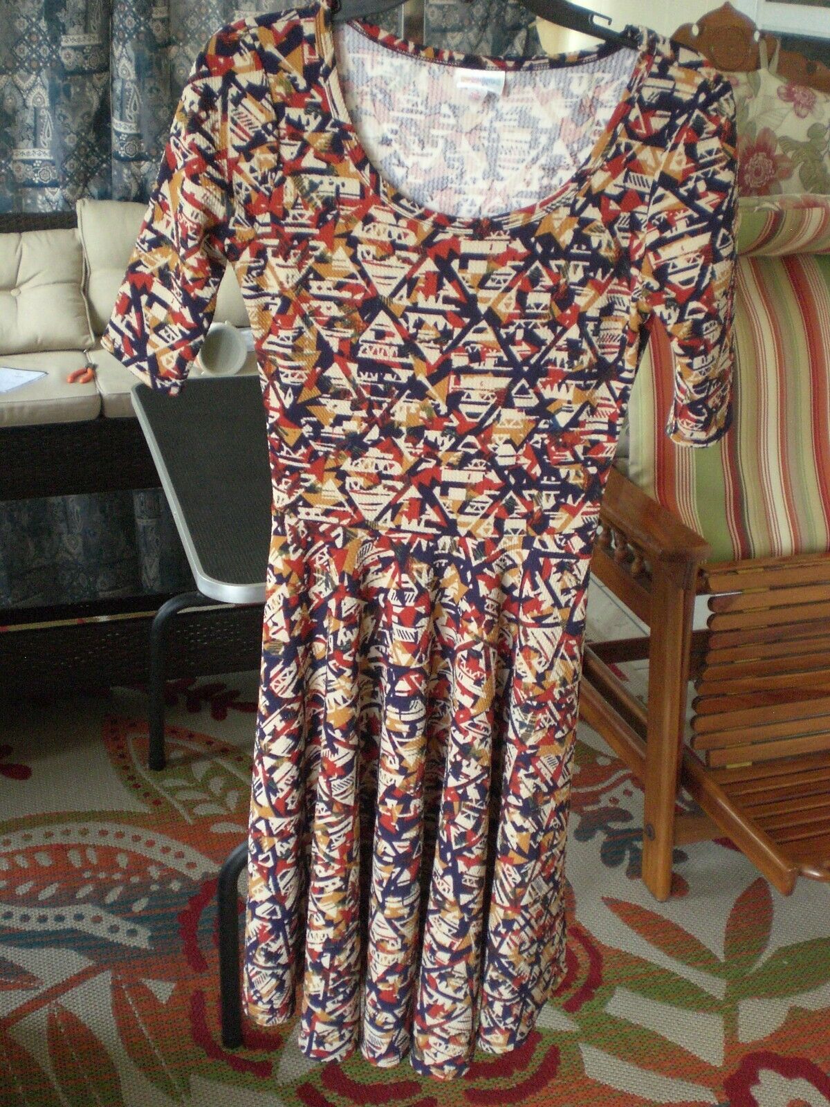 LuLaRoe Nicole Dress Rust Mustard Geometric SMALL NWOT