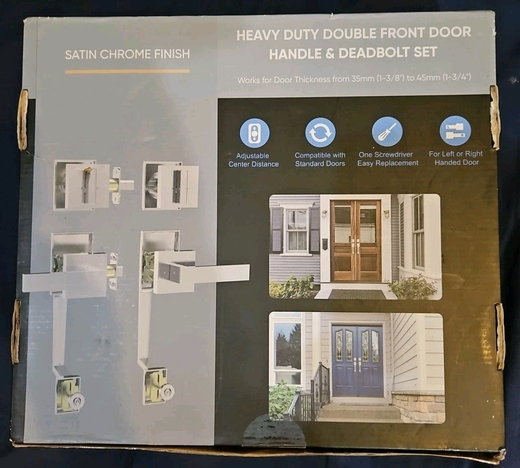 TICONN Heavy Duty Double Front Door Handle & Deadbolt Set - Satin Chrome Finish