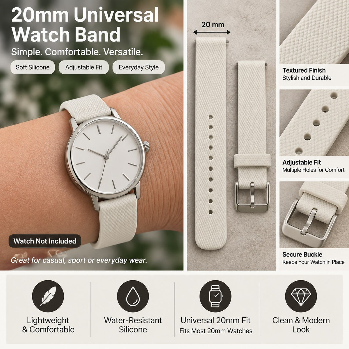 20mm White Textured Silicone Watch Band Replacement Strap...