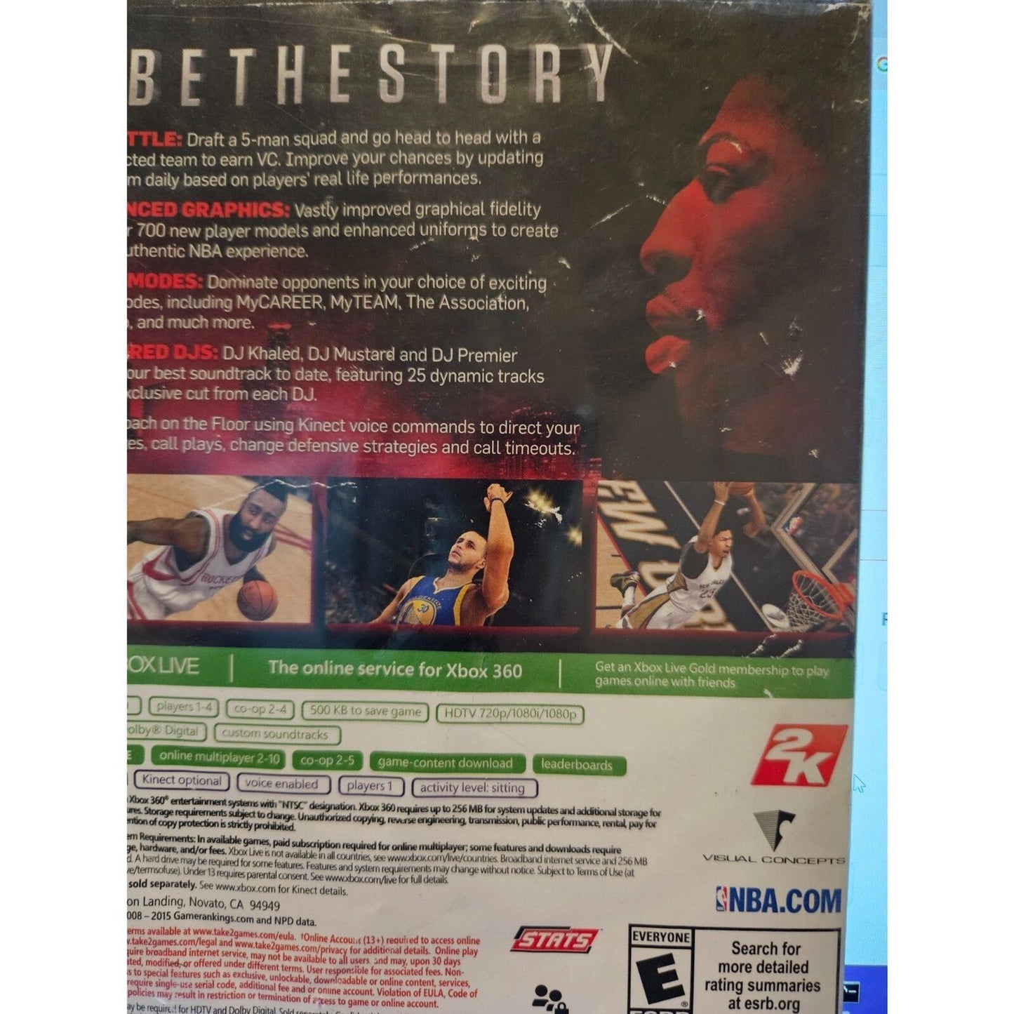 NBA 2K16 (XBOX 360) New Case. Tested. Worn Artwork. Manual.