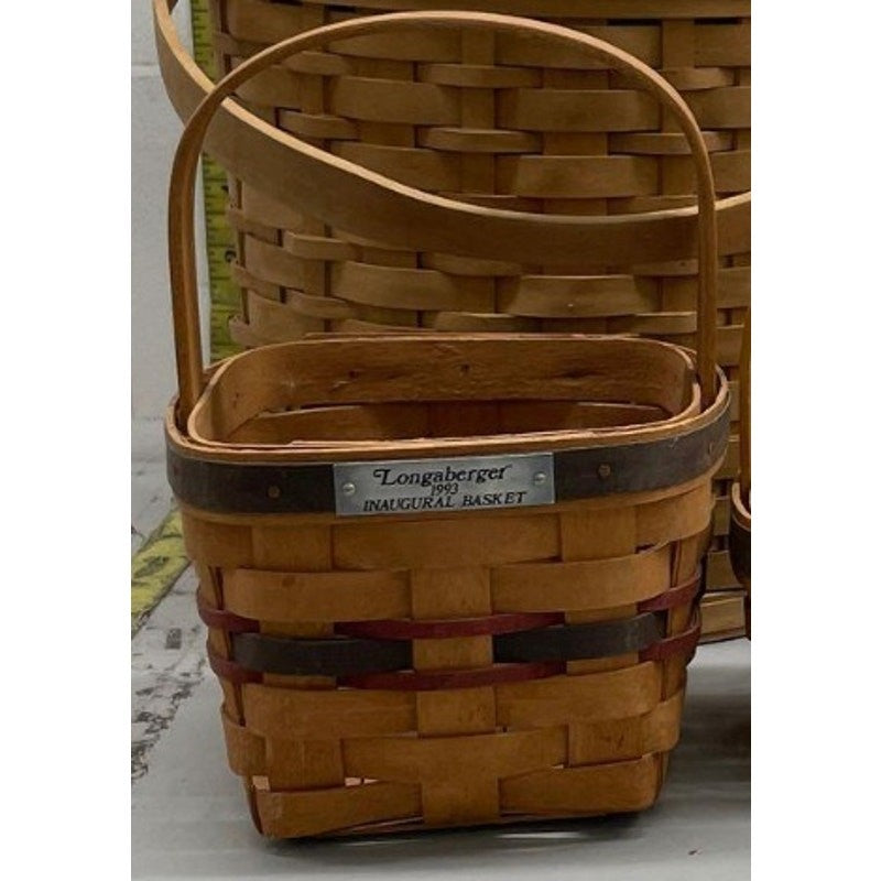 1993 Longaberger Inaugural Basket w/ Metal Plate + New Awning Stripe Liner Combo