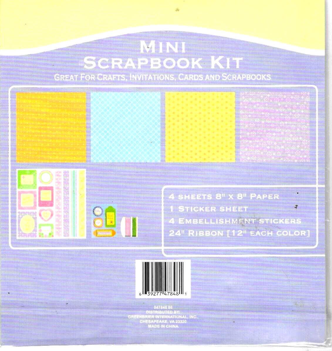 Mini Scrapbook Kit 4 Sheets 8 x 8 - Sticker Sheet - Raised Stickers - Ribbons