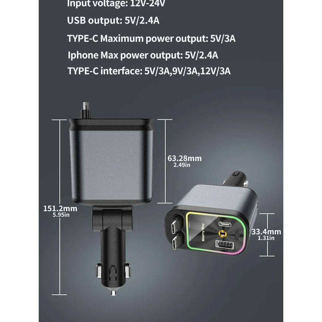 66 W Retractable USB-C Car Phone Charger with starlights
