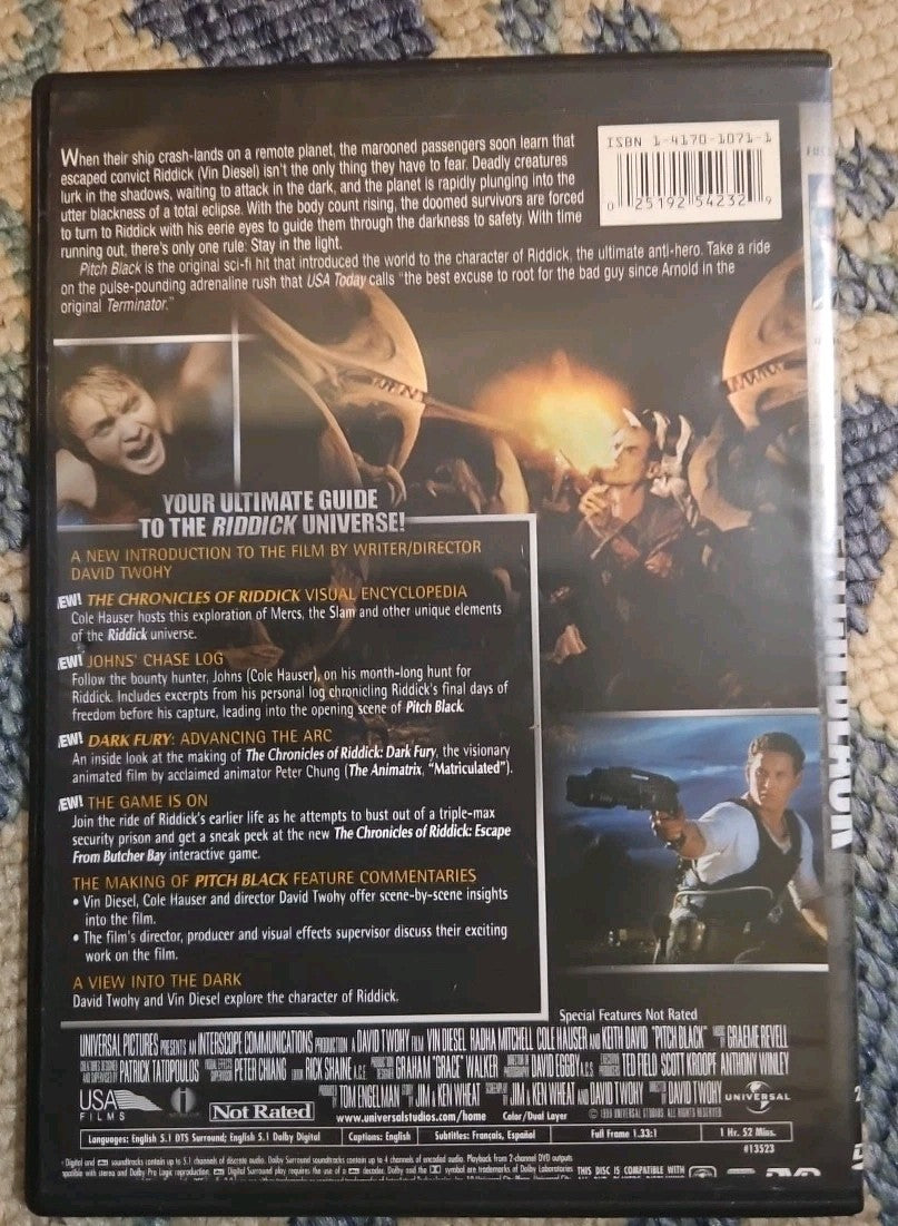 Pitch Black (DVD, 2000) Slim Case. Cropped Artwork. Tested
