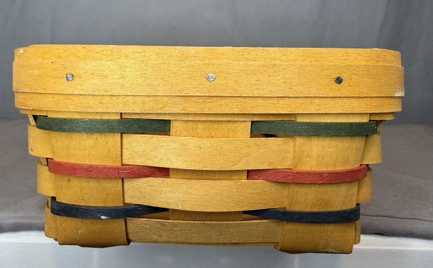 1999 Longaberger Cracker Basket Woven Red Green Blue + Green & Awning Liners