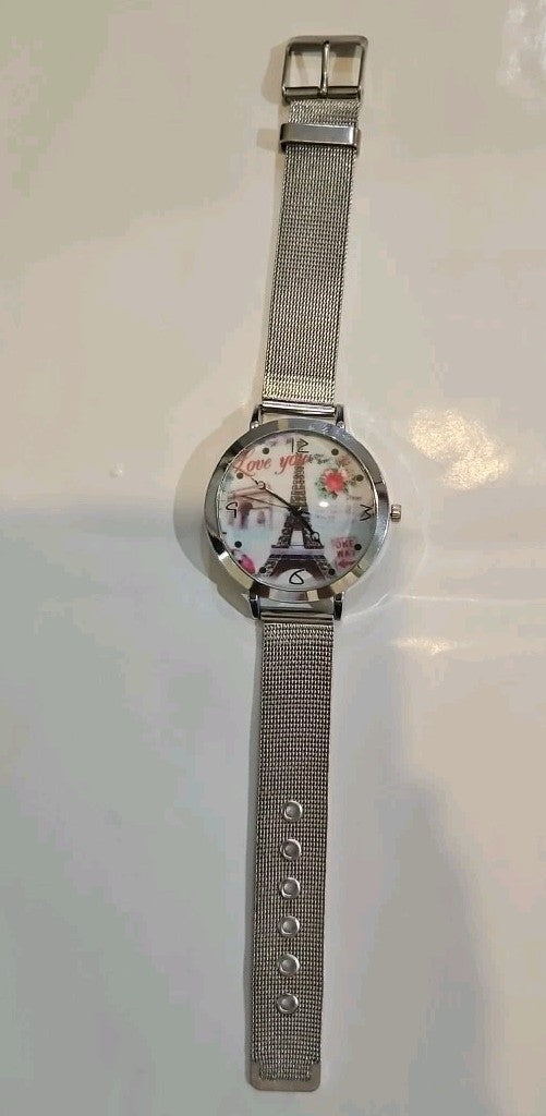 Women's Watch Eiffel Tower Dial 40MM Milanese Gray Band 5.25" - 7.5" New Battery