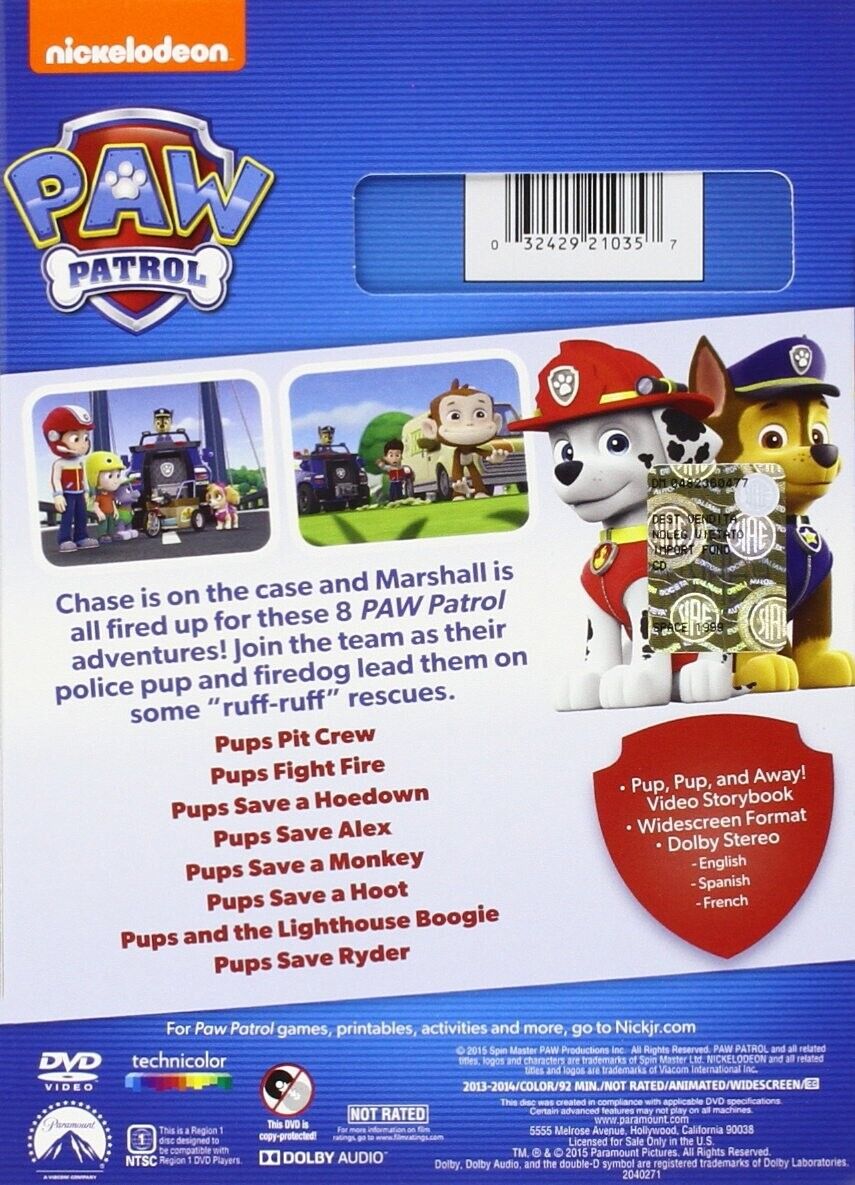 Paw Patrol: Marshall & Chase on the Case (DVD) Brand New