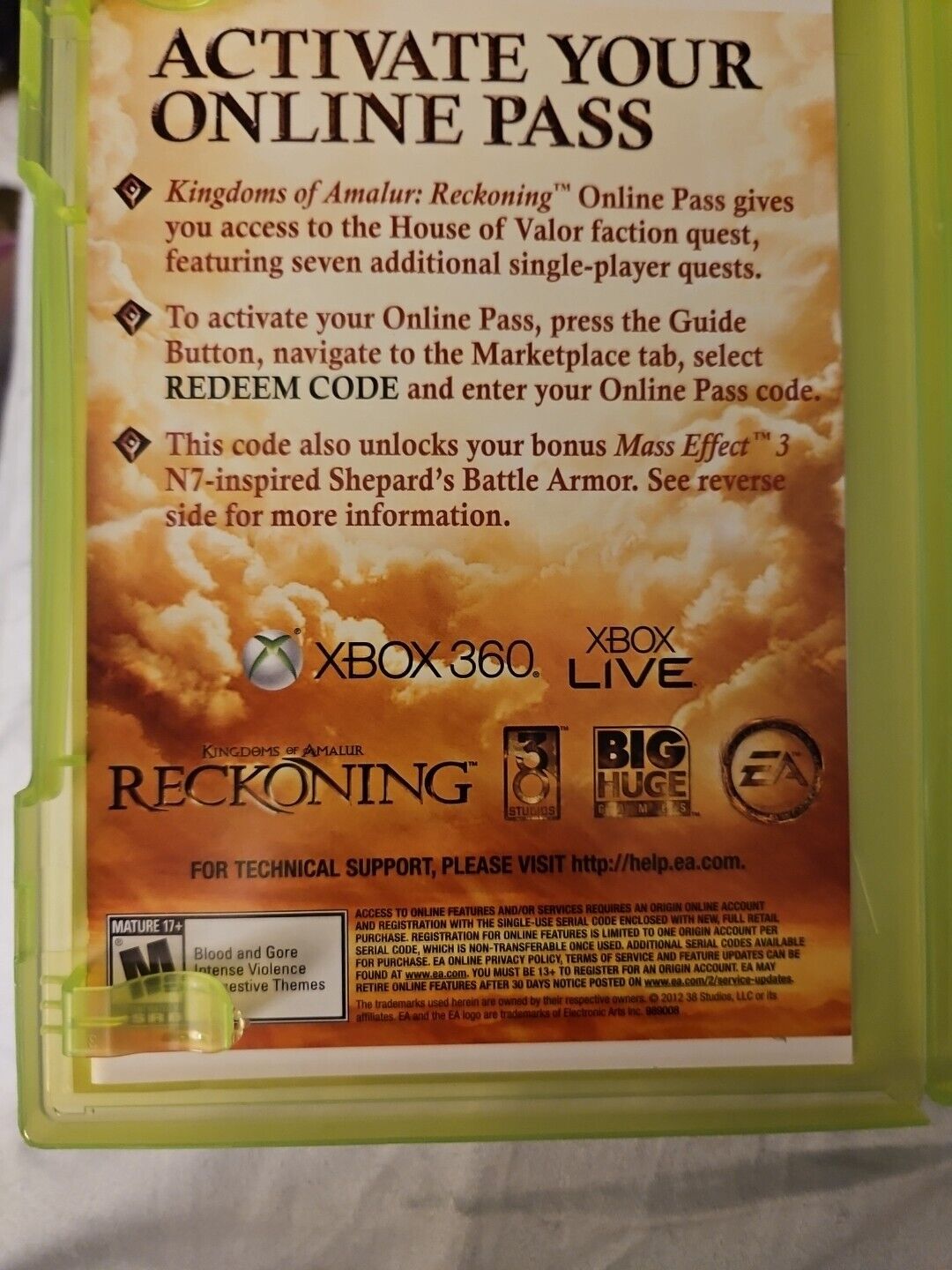 Kingdoms of Amalur: Reckoning (Microsoft Xbox 360, 2012)