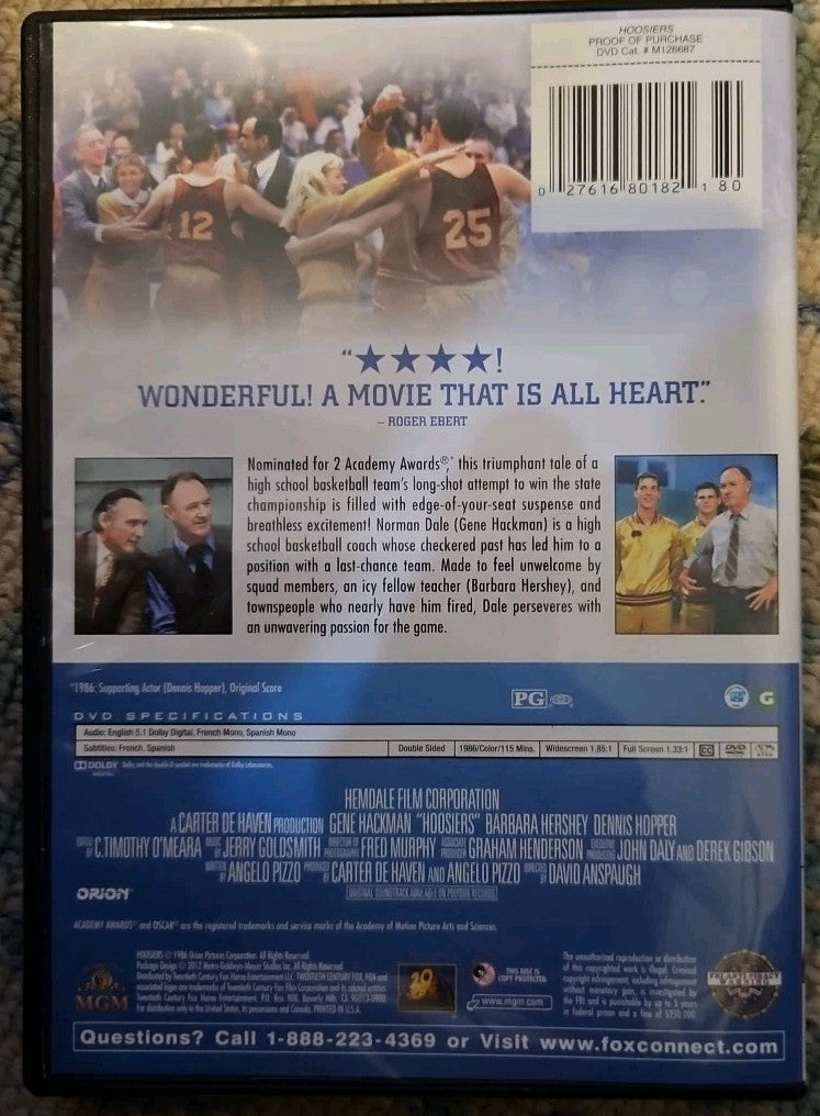 Hoosiers (DVD, 1986) Tested. New Case