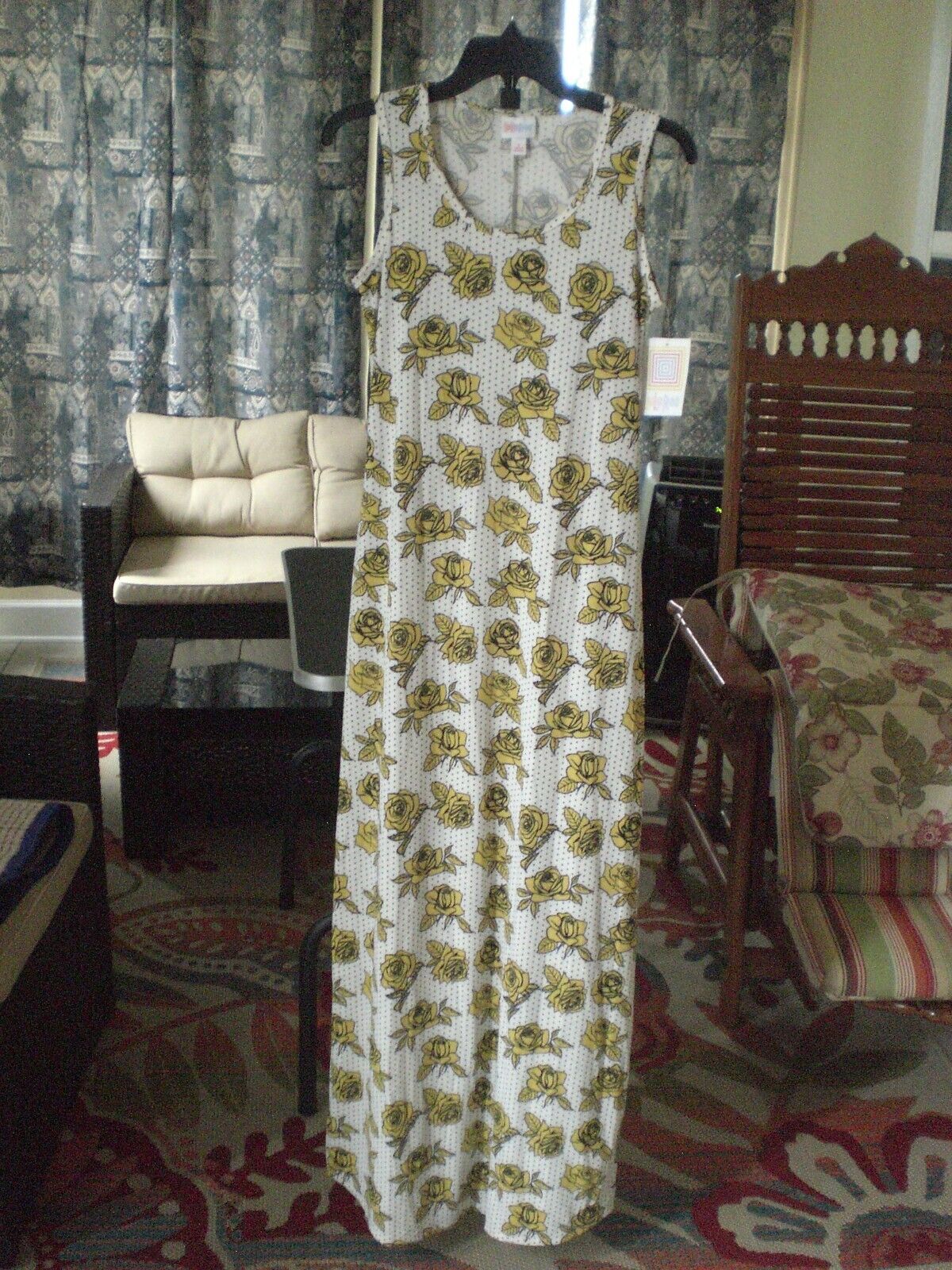 NWT LuLaRoe Dani Maxi Dress White with Black Dots Yellow Floral SMALL