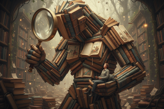 A creature made of books is holding a person, looking at them with a magnifying lens