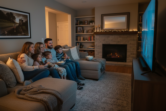 A family sitting on the couch for familyt movie night watcing a large screen tv