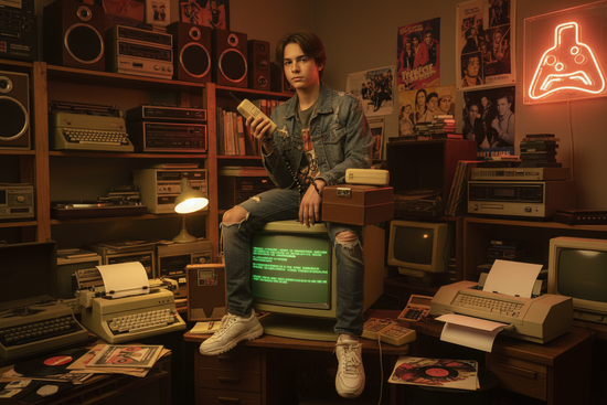 A teenager, in a room full of 1970s, 80, 90s, typewriters, audio cassette stereos, record players,  computers, calculators, dot matrix printers, sitting on a large cathode ray tube type of computer monitor, talking on an old style large briefcase tethered cellphone.  