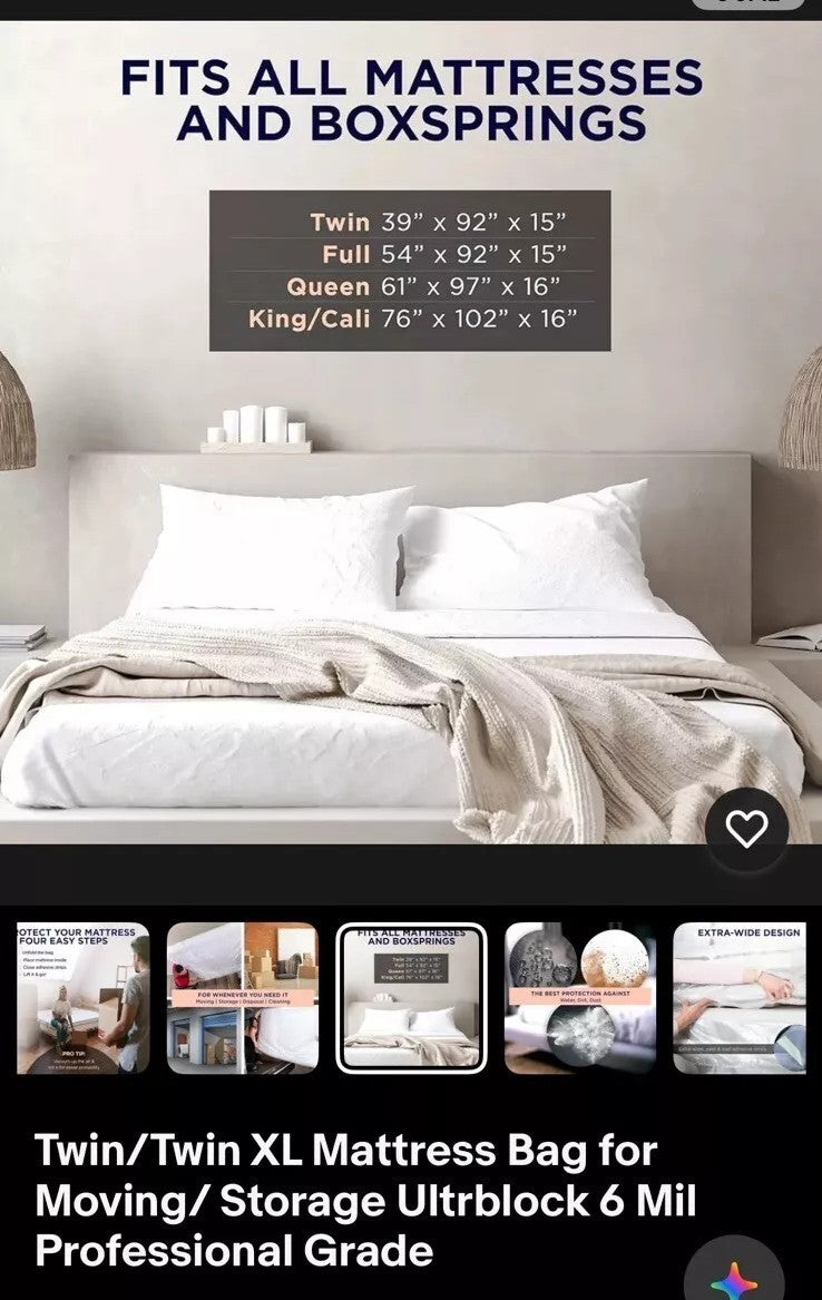 Twin & Twin XL Mattress Bag  – 6 Mil Reusable Plastic Cover  NIB