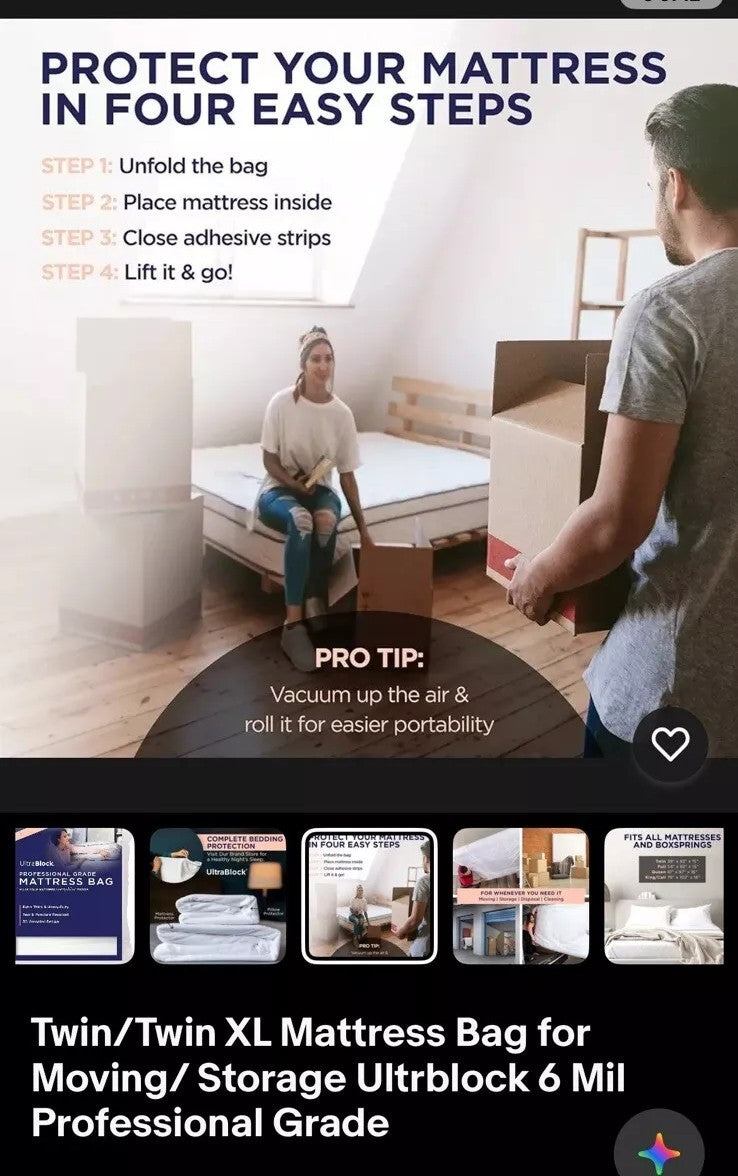 Twin & Twin XL Mattress Bag  – 6 Mil Reusable Plastic Cover  NIB