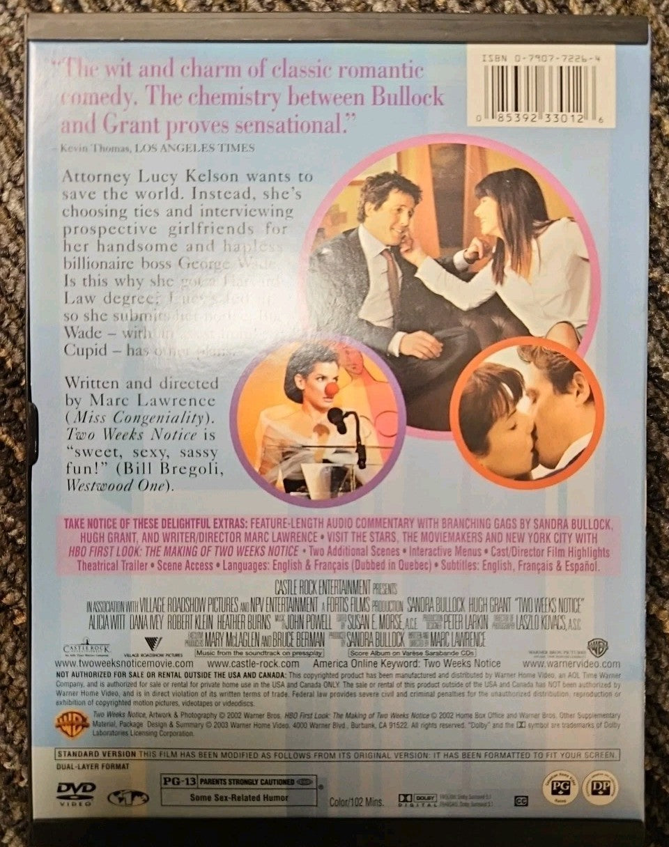 Two Weeks Notice (DVD, 2003, Full Frame) Tested. No Scratches