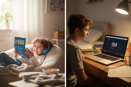 Show a child watching a portable DVD player with headphone on.  Show a teen watching a laptop screen that is playing a DVD.