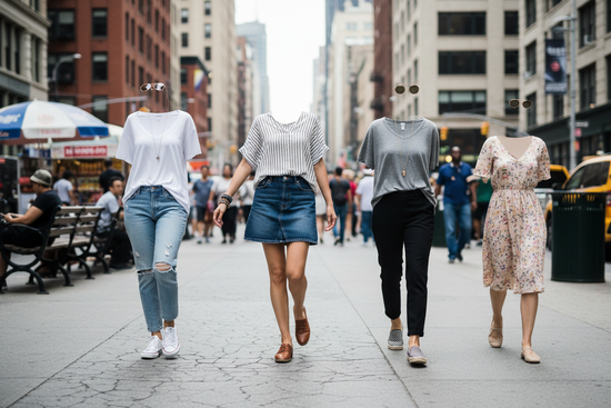 that's too fancy, and I was thinking more of basic tops, bottoms and such.  and, more than one, as if they are walking down a city street